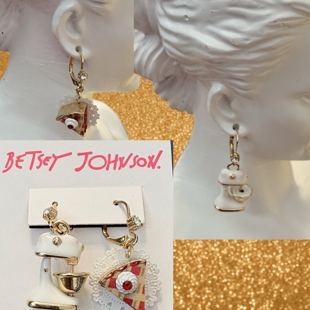 Betsey Johnson Stand Mixer/Slice Of Pie on Lace Doily Mismatched Drop Earrings